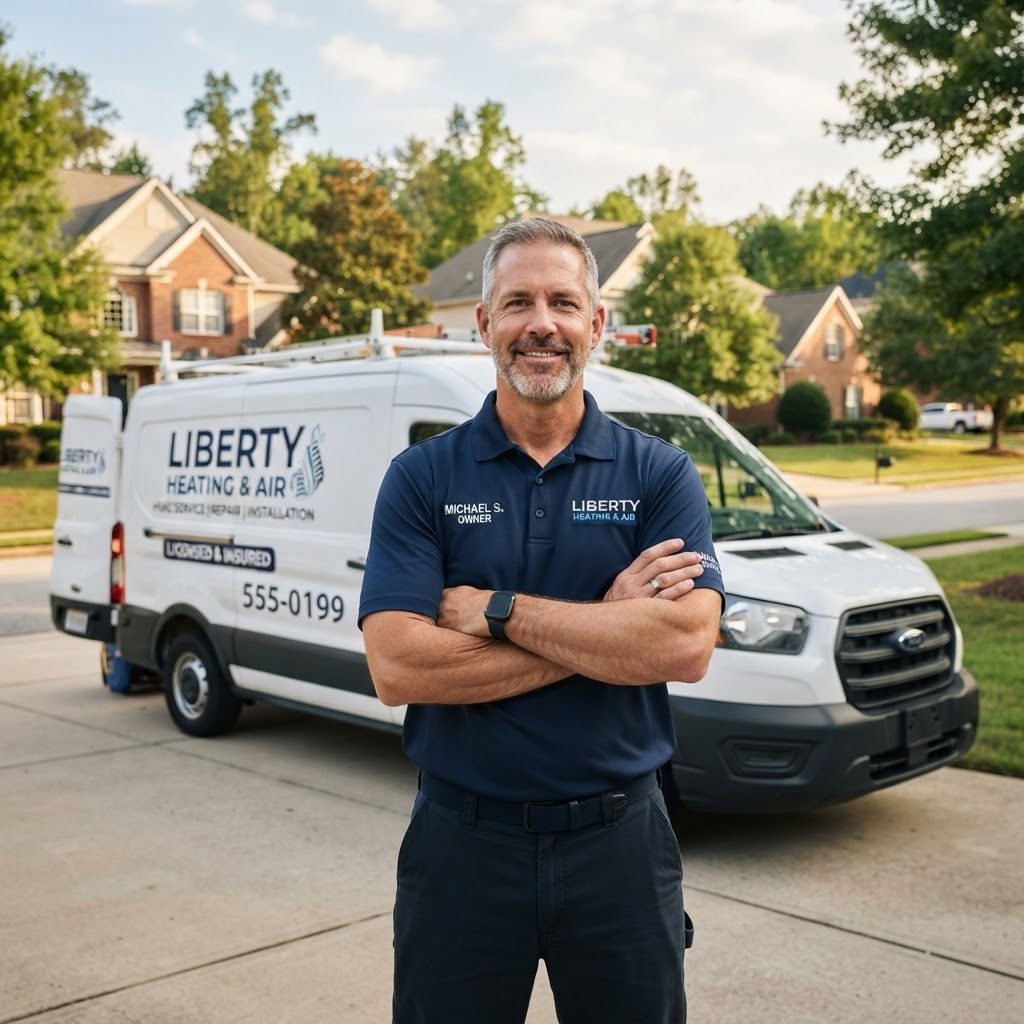 Robert Smith, owner of Sky Air Heating and Cooling, in front of his service van